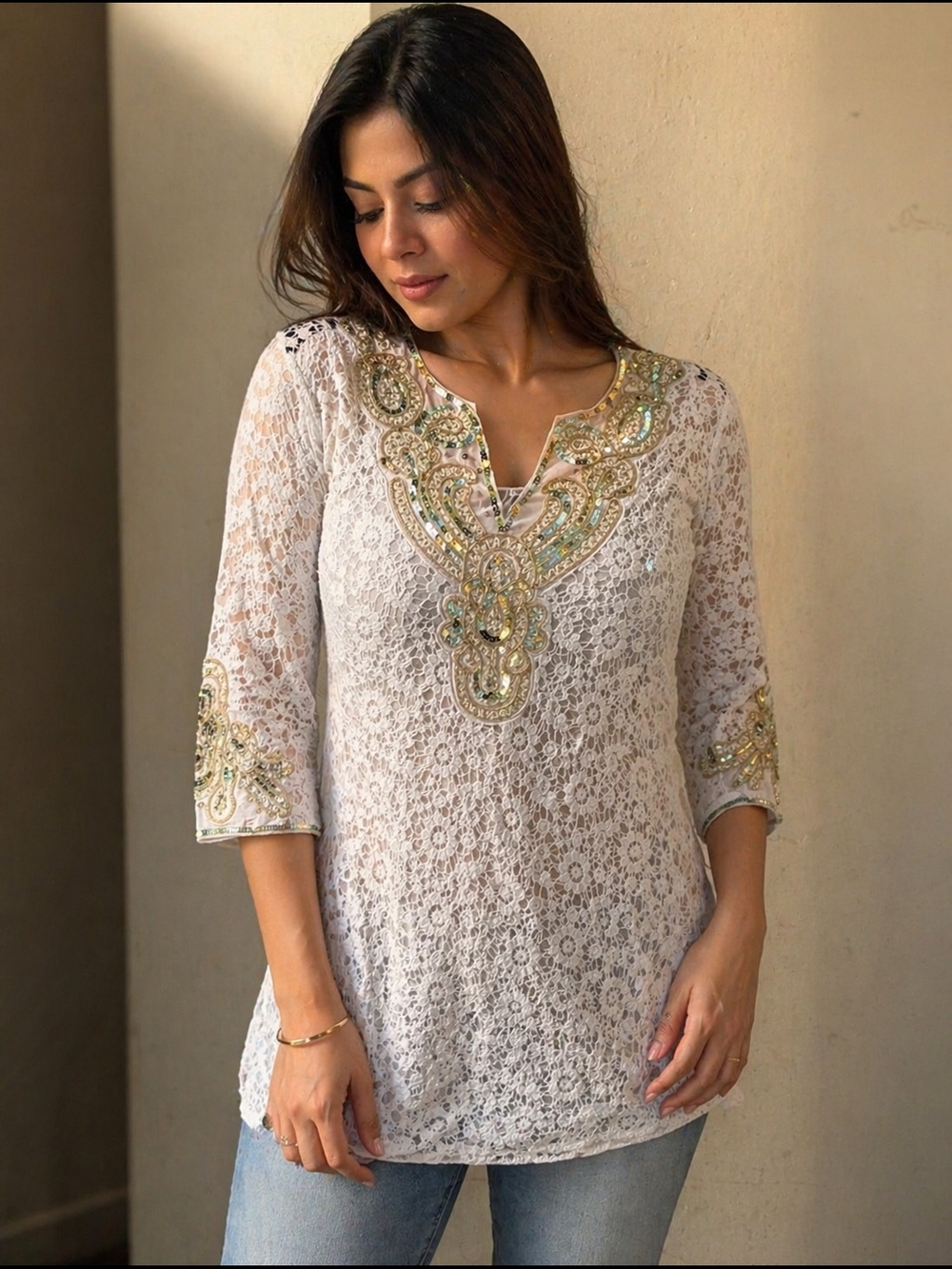 Embellished White Lace Tunic with Gold Sequin Accents